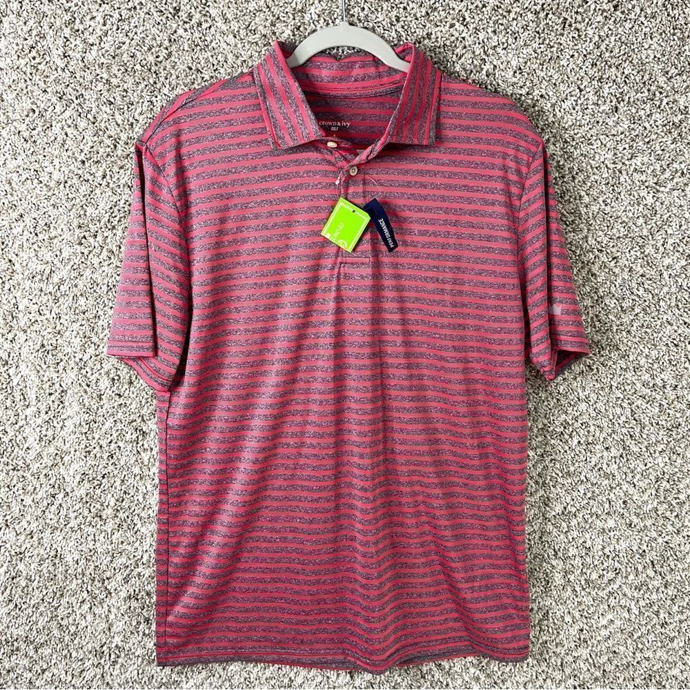Crown & Ivy Polo Men’s Small Golf Pink/Grey Striped Short Sleeve Performance NWT